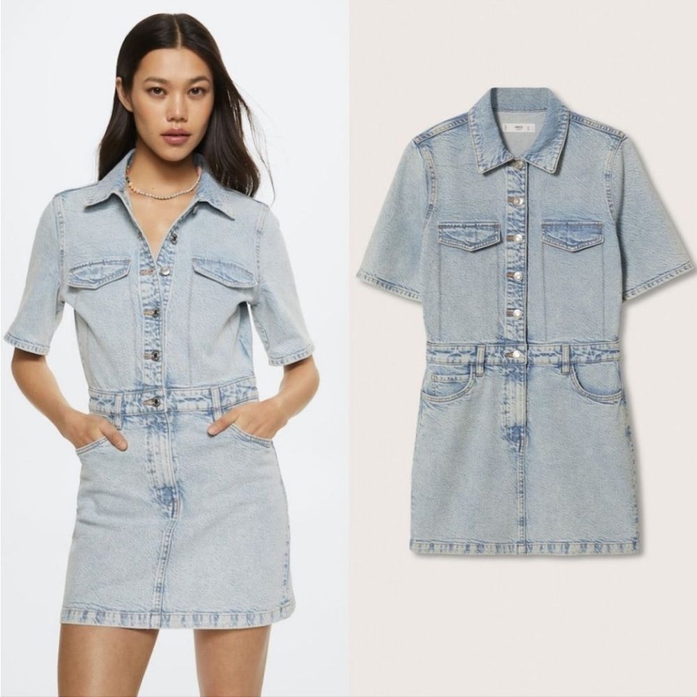MANGO Denim Dress. Button & Zip Closure. 5 pocket style. Light wash. Medium
